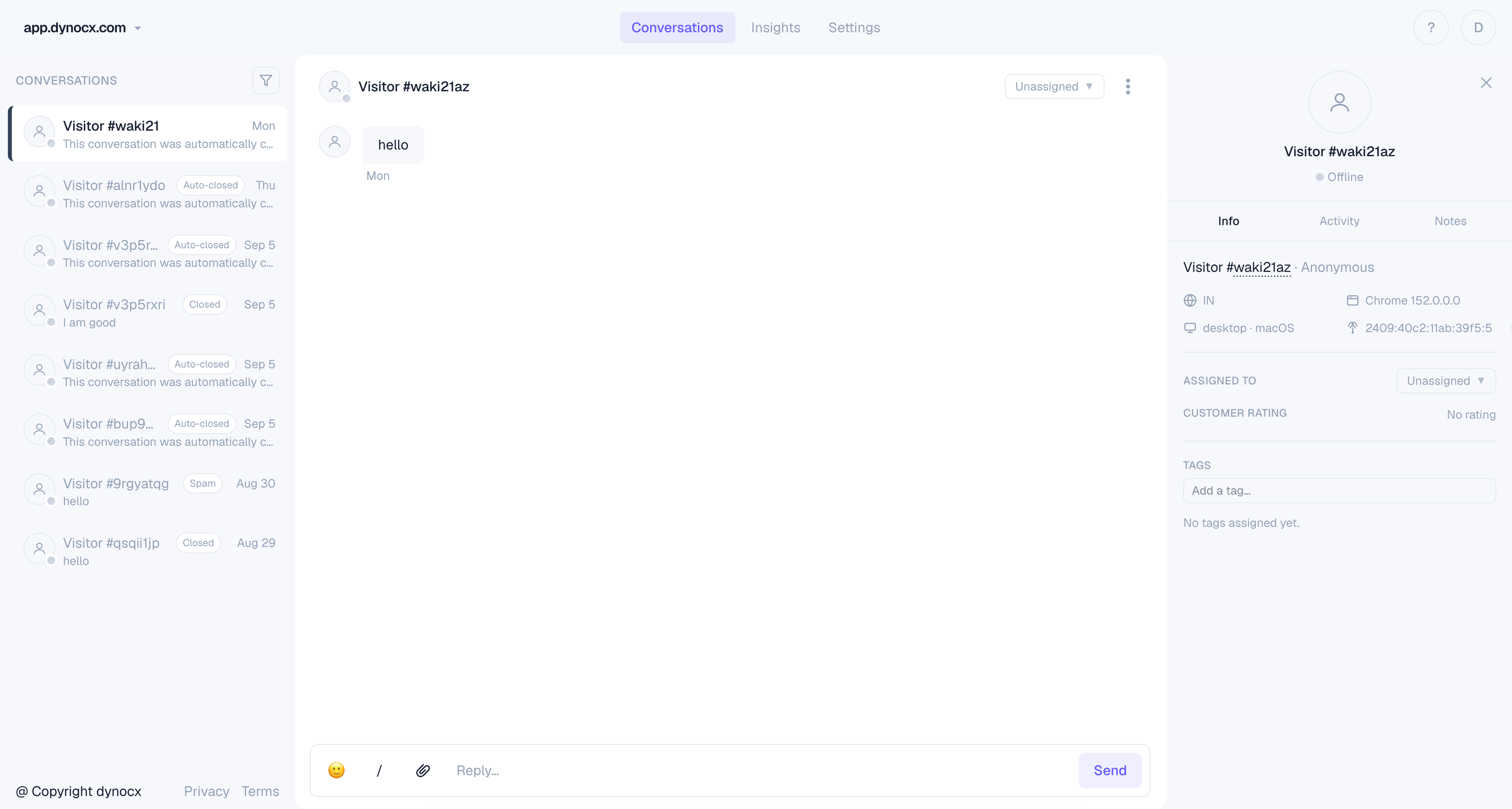 Dashboard conversation inbox - conversation list, thread, assignment, and customer information.